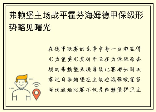 弗赖堡主场战平霍芬海姆德甲保级形势略见曙光
