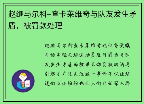 赵继马尔科-查卡莱维奇与队友发生矛盾，被罚款处理