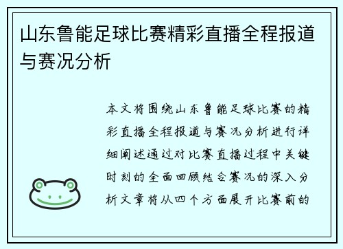 山东鲁能足球比赛精彩直播全程报道与赛况分析